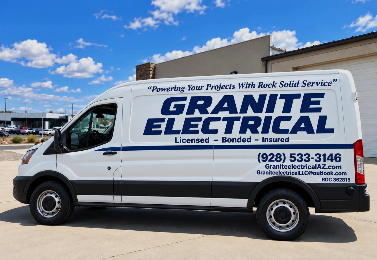 The same van before the wrap, plain white with basic vinyl lettering