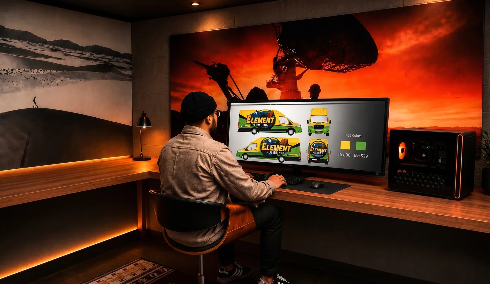 Auto Trim Plus designer reviewing a brand mockup on screen