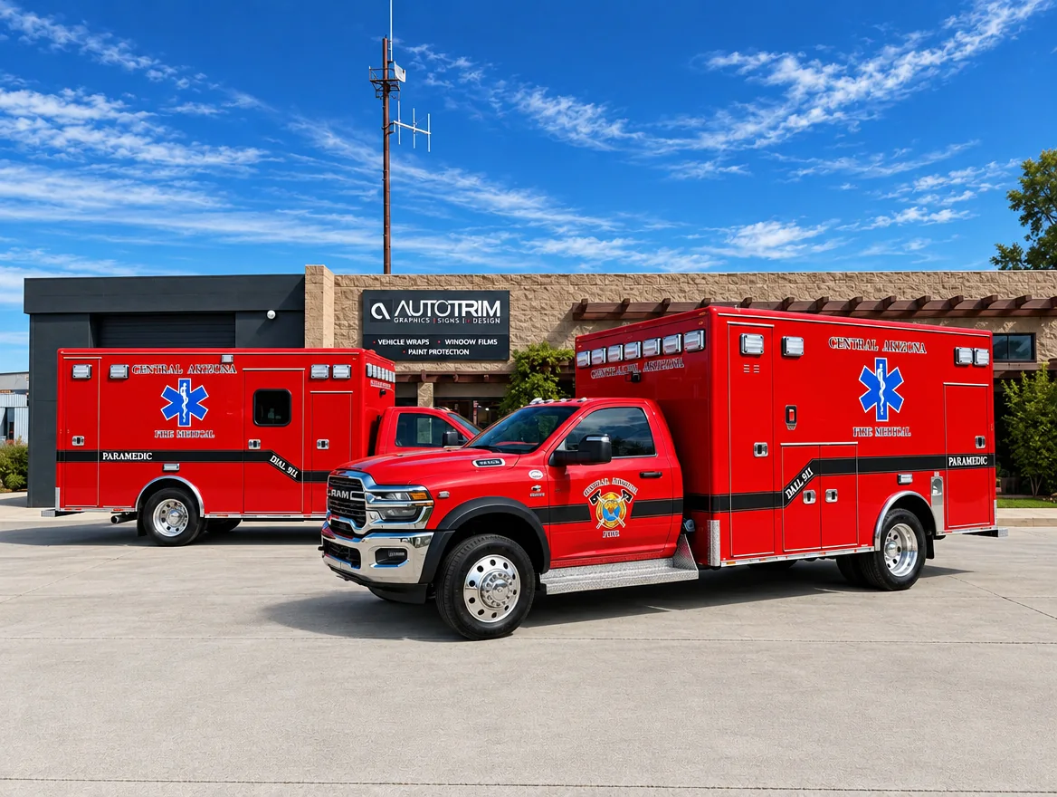 Two Central Arizona Fire Medical ambulances outside the Auto Trim Plus shop