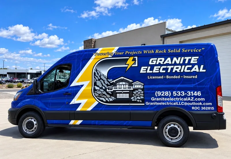 A Granite Electrical Ford Transit van in a full blue and yellow wrap