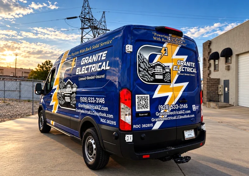 The Granite Electrical van from the rear at sunset, showing the rear door graphics