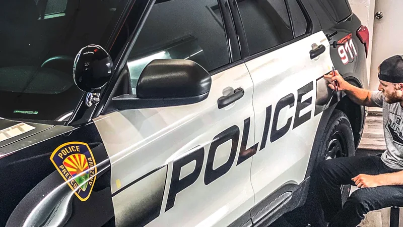 An Auto Trim Plus installer applying reflective graphics to a Prescott Police patrol SUV