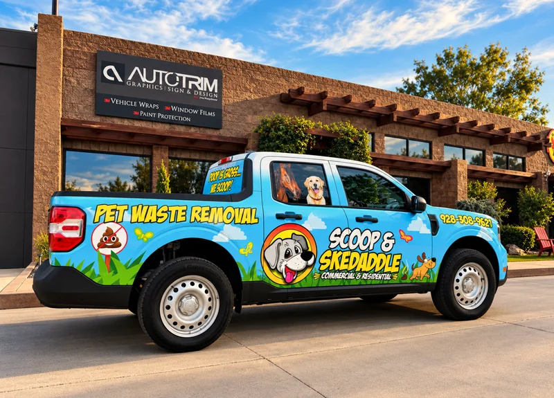 Scoop & Skedaddle pet waste removal pickup in a full-color wrap outside the Auto Trim Plus shop