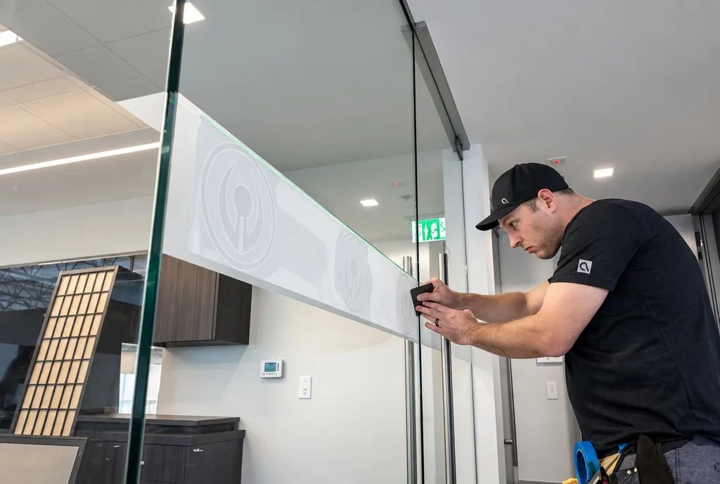 An Auto Trim Plus installer squeegeeing a frosted privacy band onto office glass