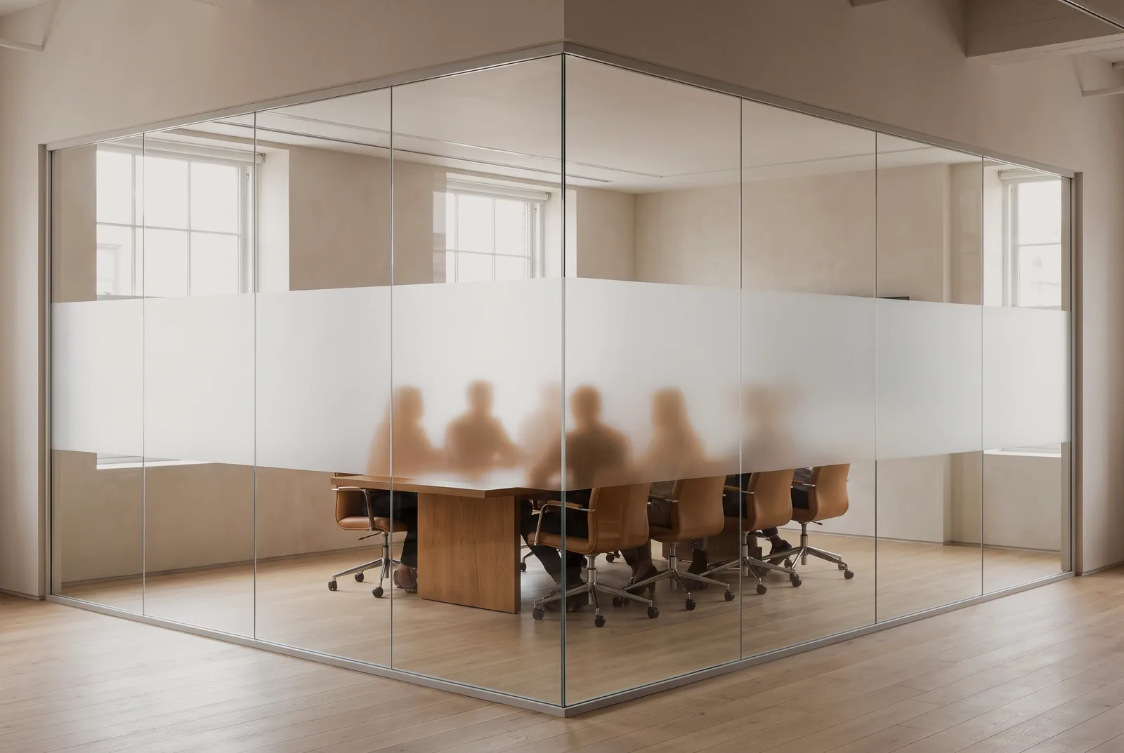 Conference room glass with a frosted privacy band at seated eye height