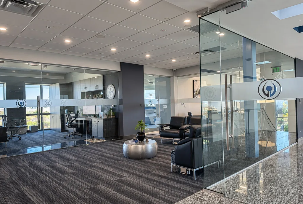 Finished office suite with frosted privacy bands and cut logos across the glass
