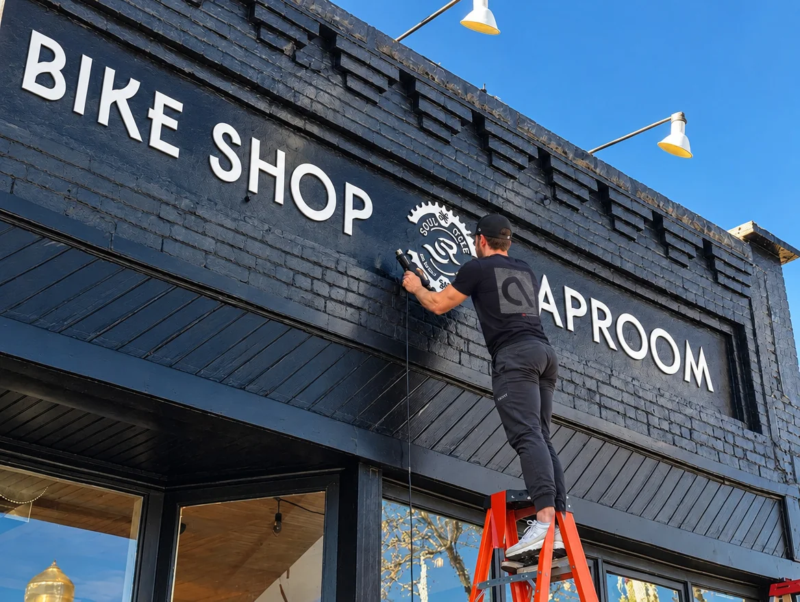 Storefront lettering going up on the Bike Shop and Taproom facade