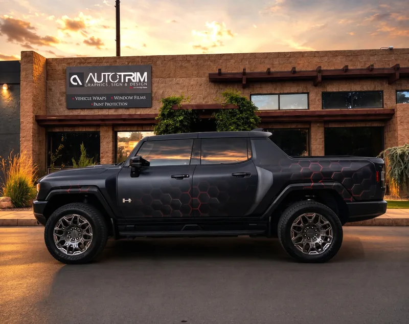 A Hummer EV in a custom black and red wrap outside the Auto Trim Plus shop