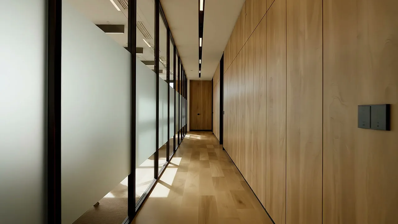 Frosted privacy film being installed on an office glass partition