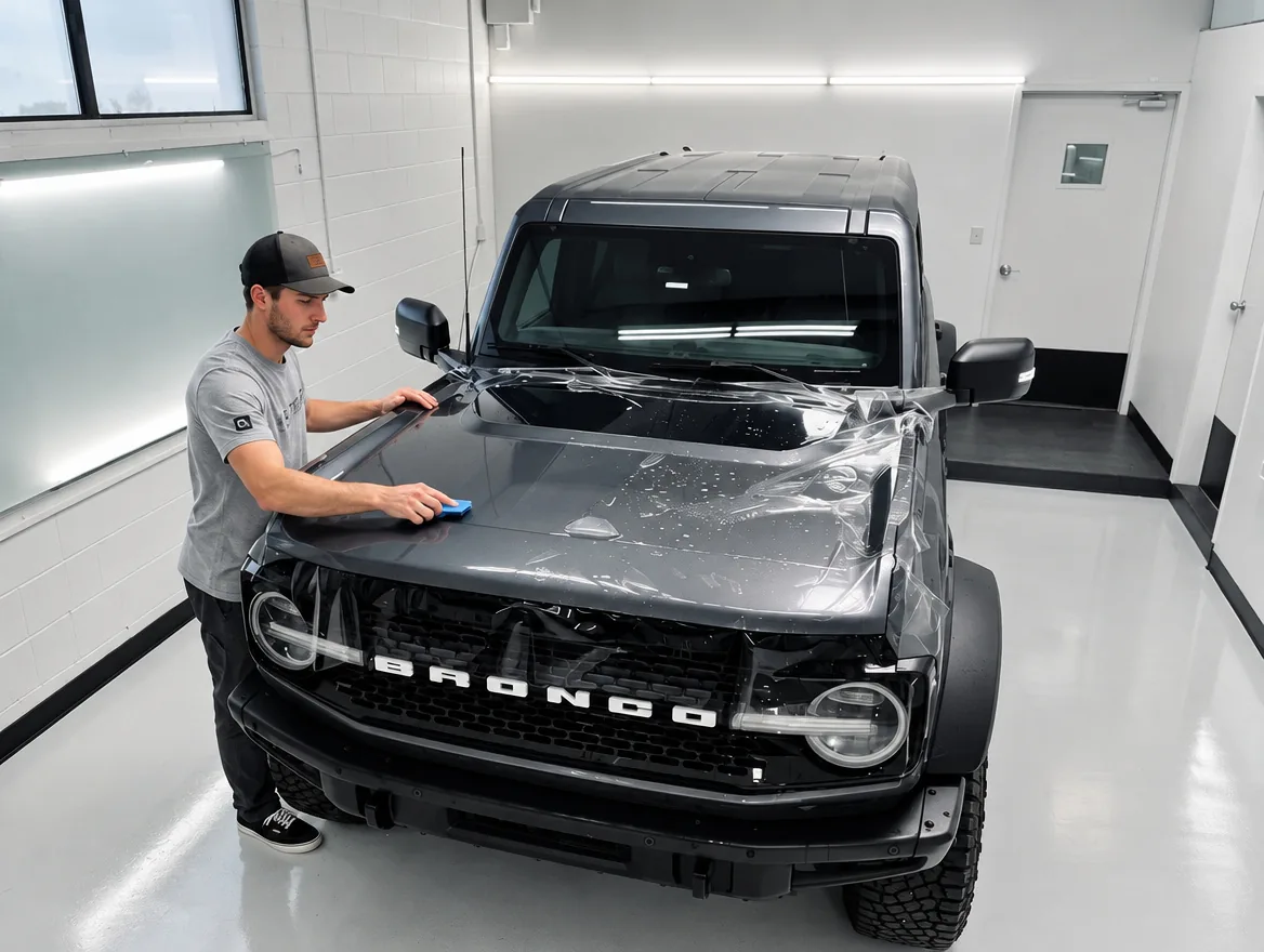 Paint protection film being applied to a Bronco