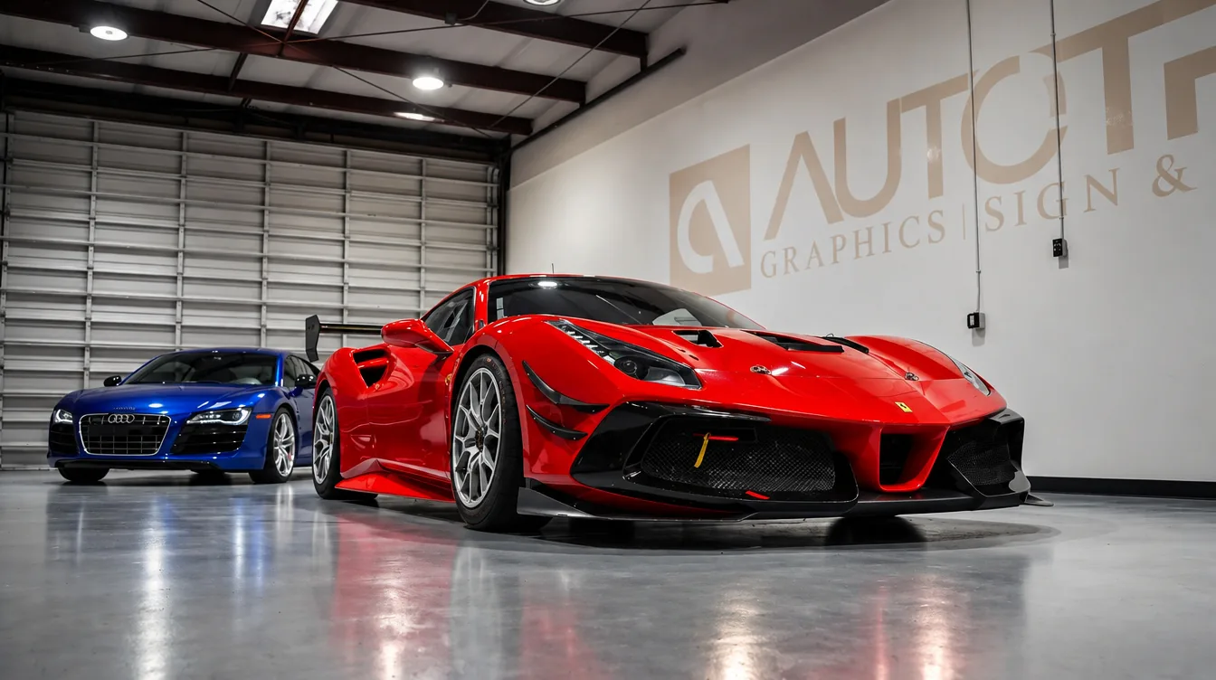 Ferrari and Audi R8 inside the workshop