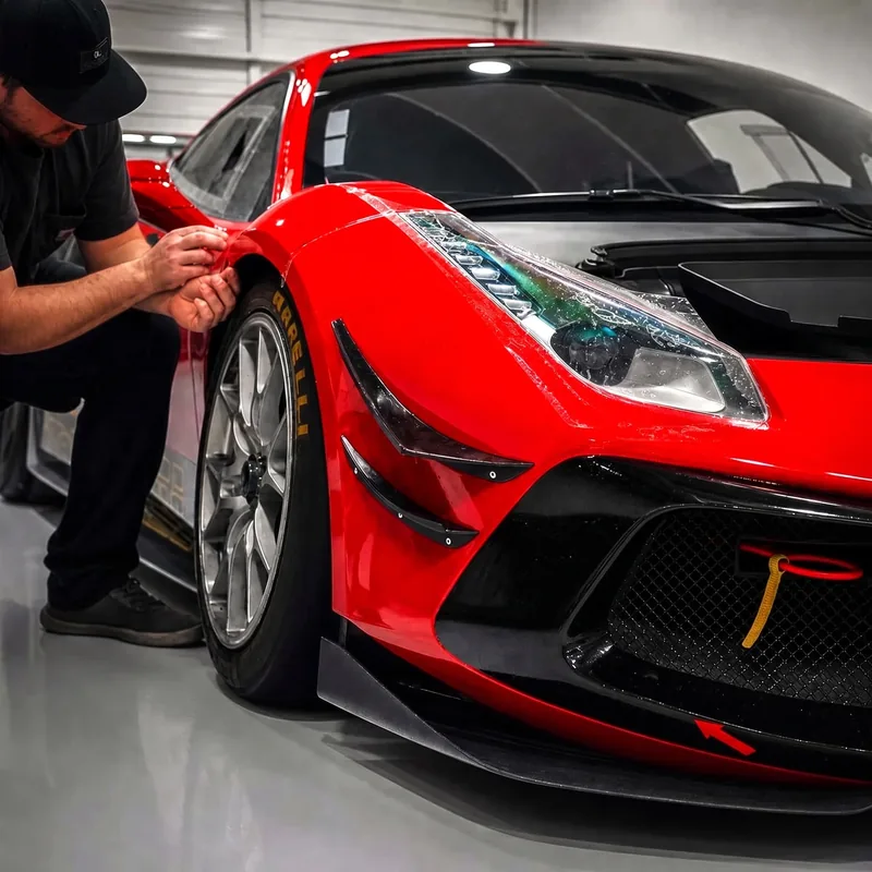 Paint protection film being applied to a red Ferrari