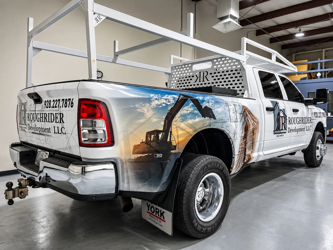 Roughrider Development dually pickup with a wildfire-scene wrap