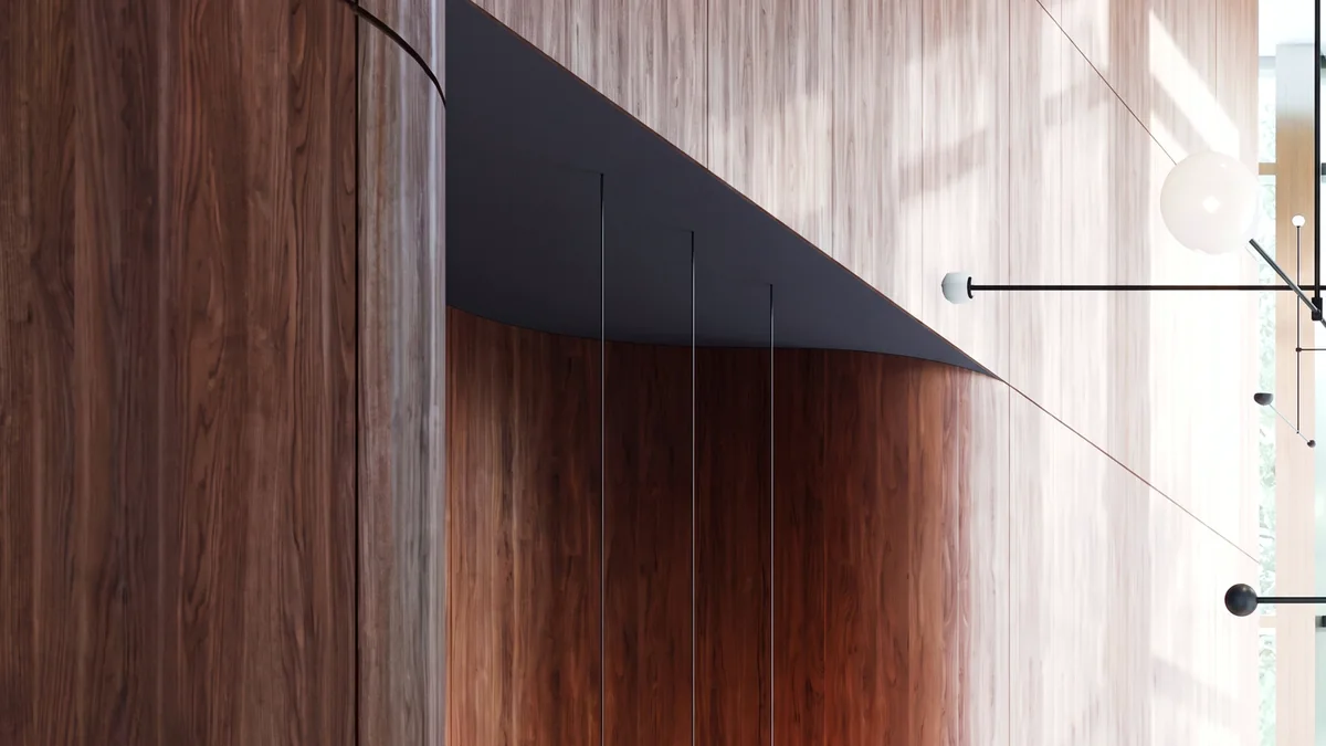 A wall surfaced in 3M DI-NOC wood-grain architectural film