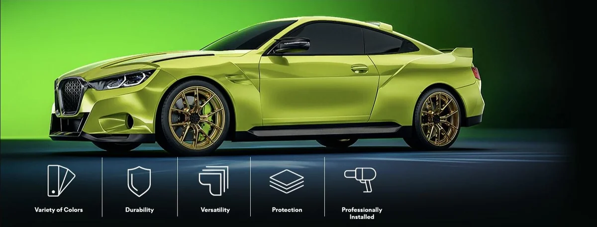 A wrapped BMW coupe in metallic lime, with 3M&rsquo;s five wrap qualities: variety of colors, durability, versatility, protection, and professional installation